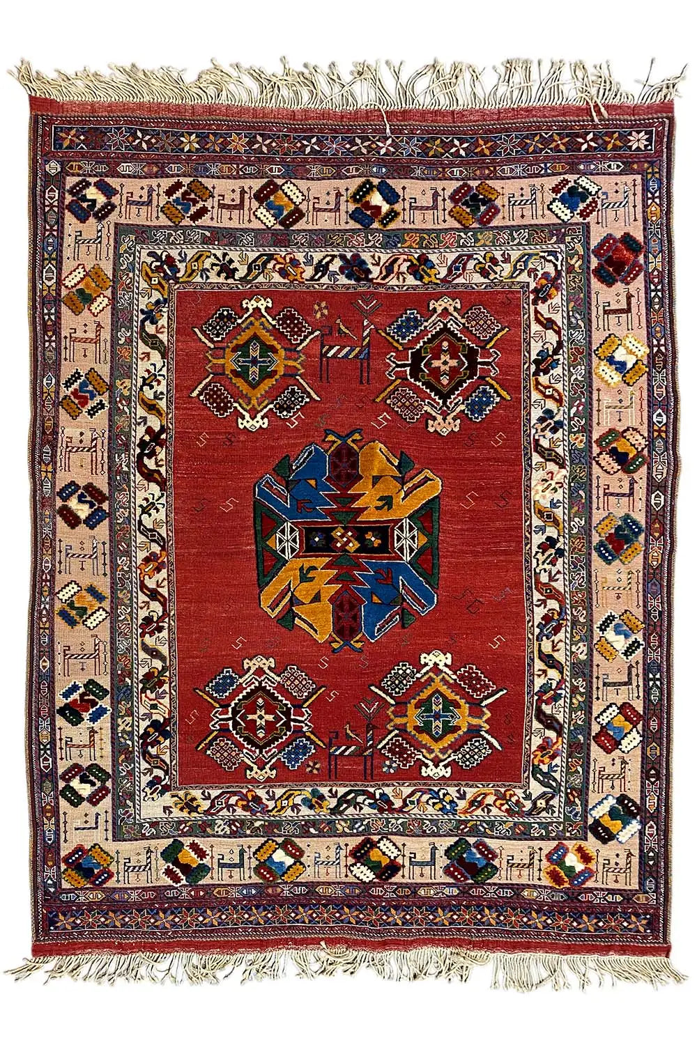Soumakh rug (200x145 cm) with a dark border, red and cream motifs
