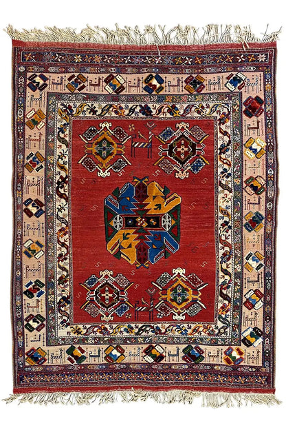 Soumakh rug (200x145 cm) with a dark border, red and cream motifs