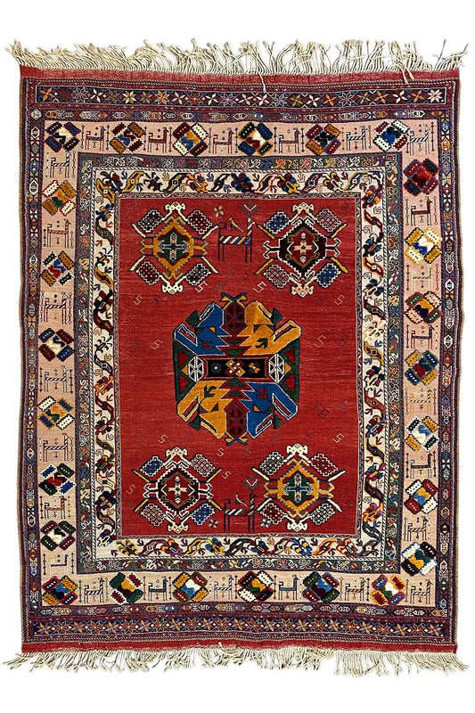 Soumakh rug (200x145 cm) with a dark border, red and cream motifs
