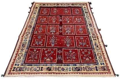 Carpet 183x147 cm: red square design with a blue border and fringes at the corners.