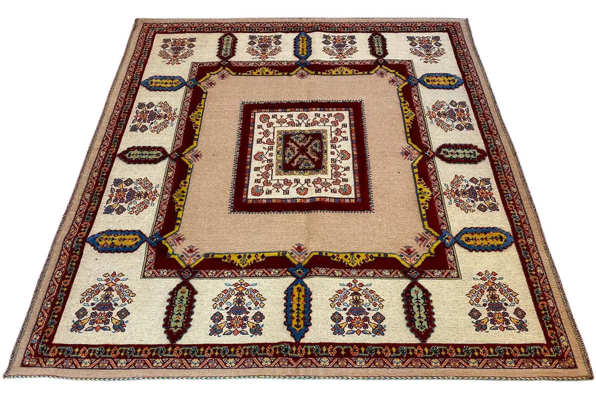 Soumak rug with a beige background, red outer border, and central medallion