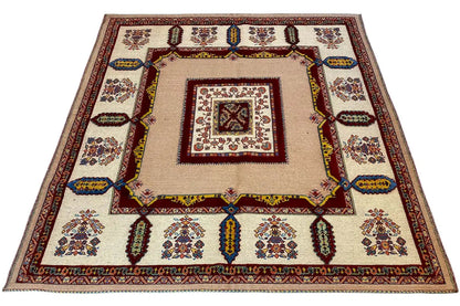 Soumak rug with a beige background, red outer border, and central medallion