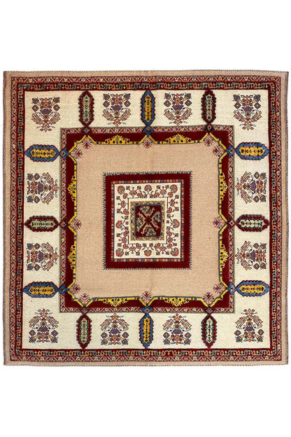 Soumak rug with a beige center, red border, and symmetrical medallions