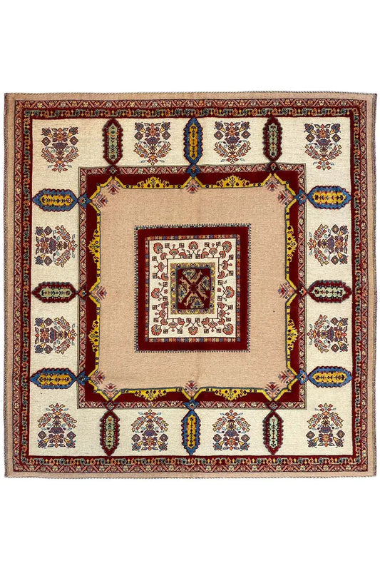 Soumak rug with a beige center, red border, and symmetrical medallions