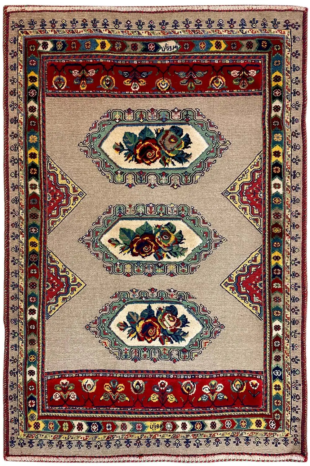 Soumak rug 124x82 cm, beige field with three blue and red medallions