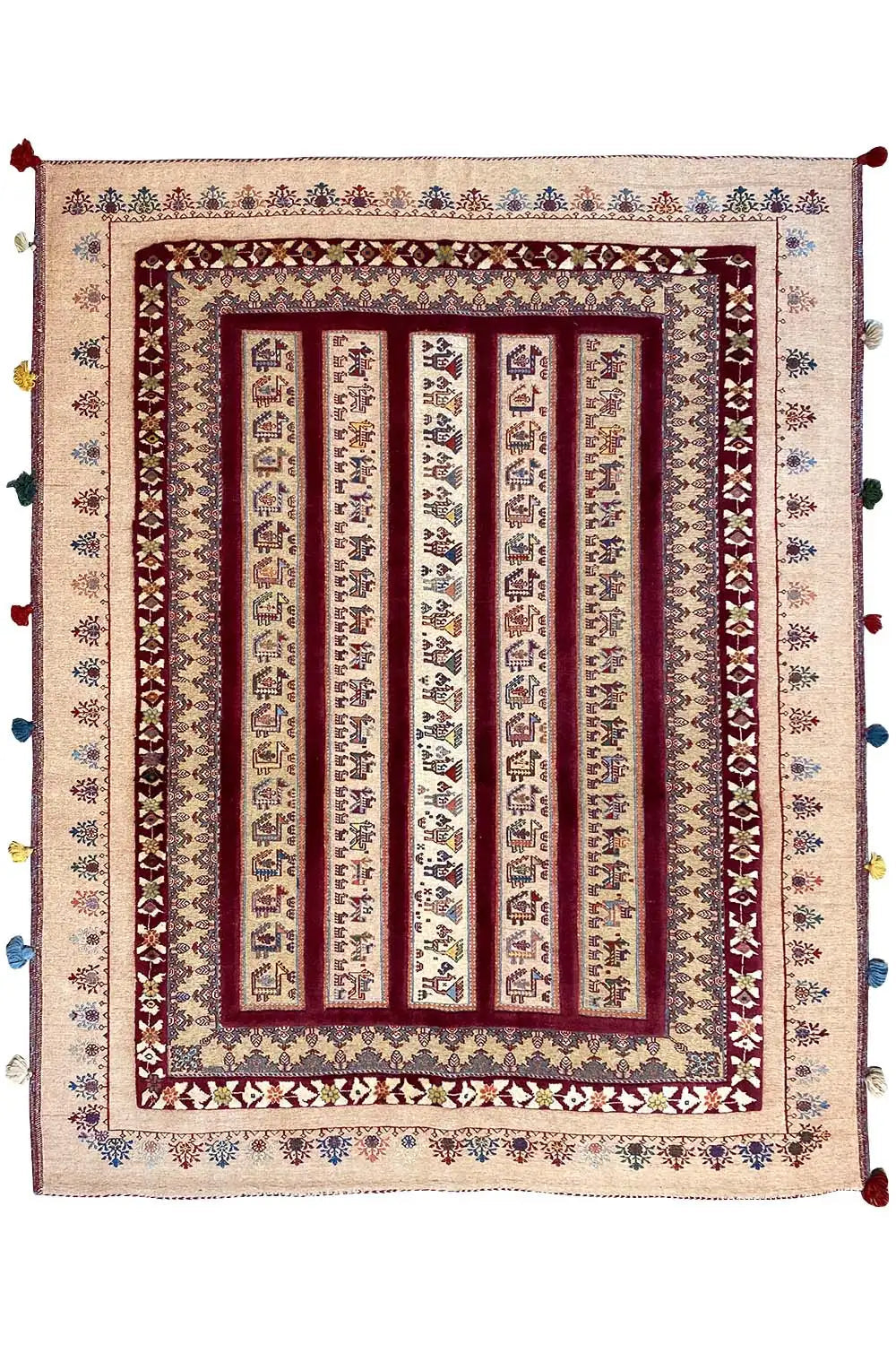 Soumak rug, square decorative field with a framed pattern and multicolored tassels at the corners