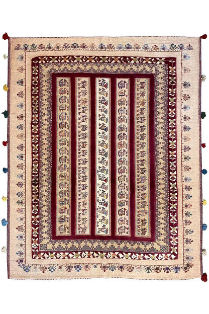 Soumak rug, square decorative field with a framed pattern and multicolored tassels at the corners