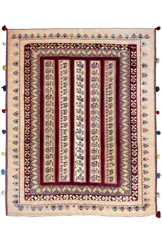 Soumak rug, square decorative field with a framed pattern and multicolored tassels at the corners
