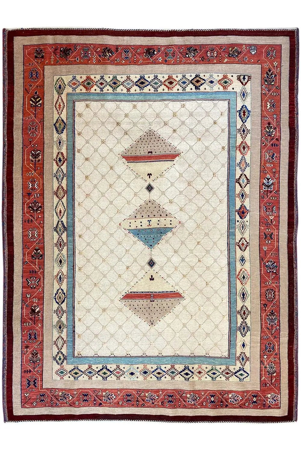 Rug, front view: red border frame, beige field with blue-red decorative stripes