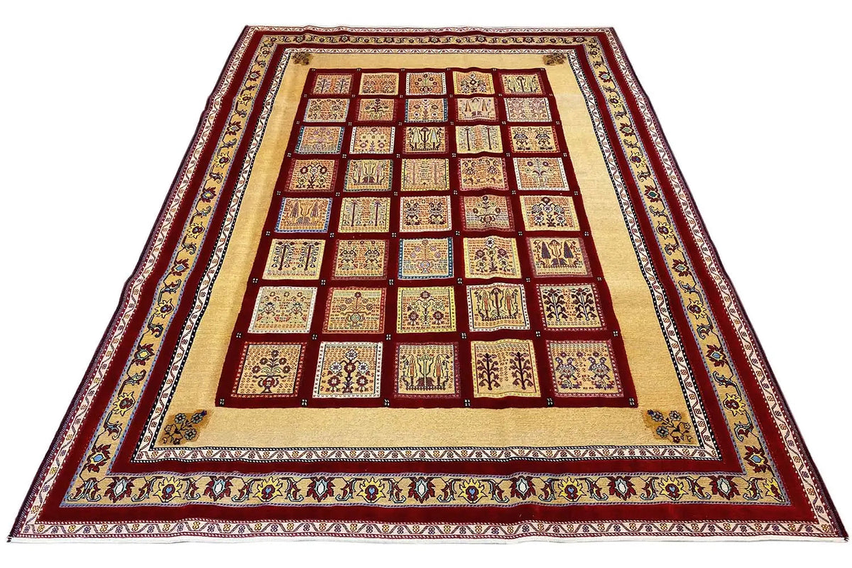 Rug, rectangular, beige surface with red patterned panels and borders