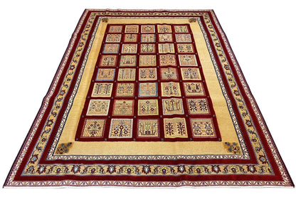 Rug, rectangular, beige surface with red patterned panels and borders