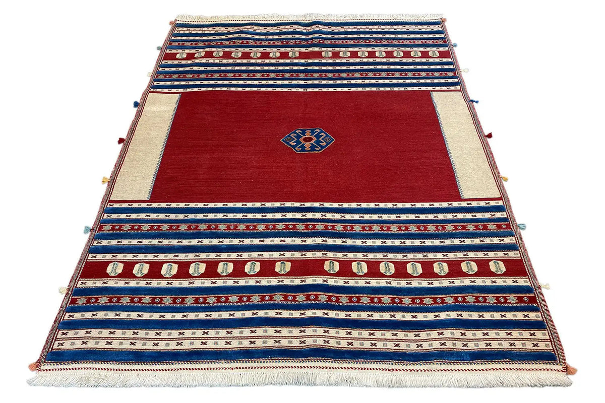 Soumak rug 202x162 cm, flat-woven with red fields and a blue striped pattern