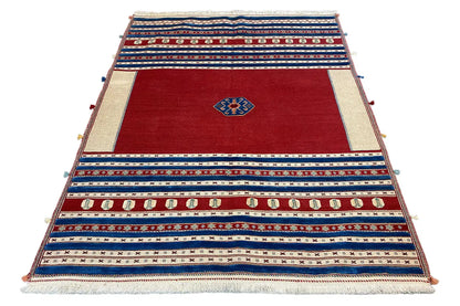 Soumak rug 202x162 cm, flat-woven with red fields and a blue striped pattern