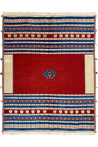 Soumak rug 202x162 cm, red with a central medallion and blue border