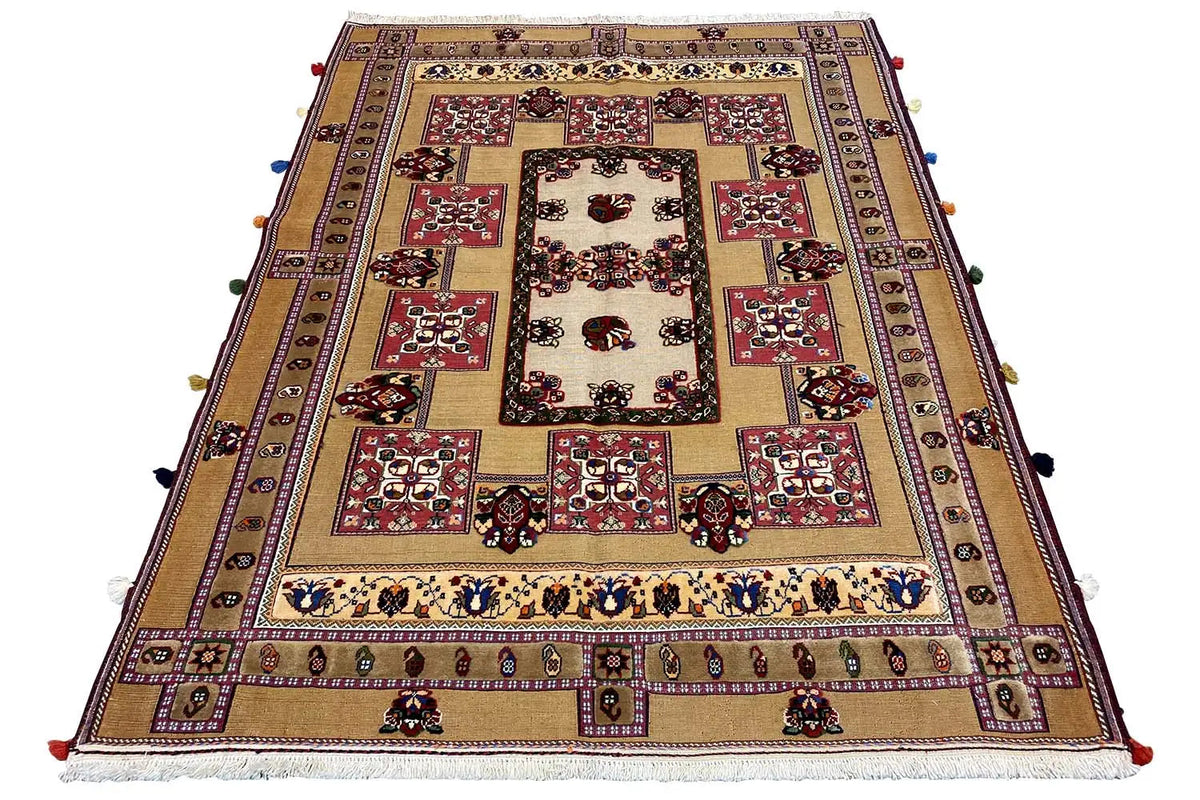 Large oriental rug: patterned center, borders, and fringes around the edge