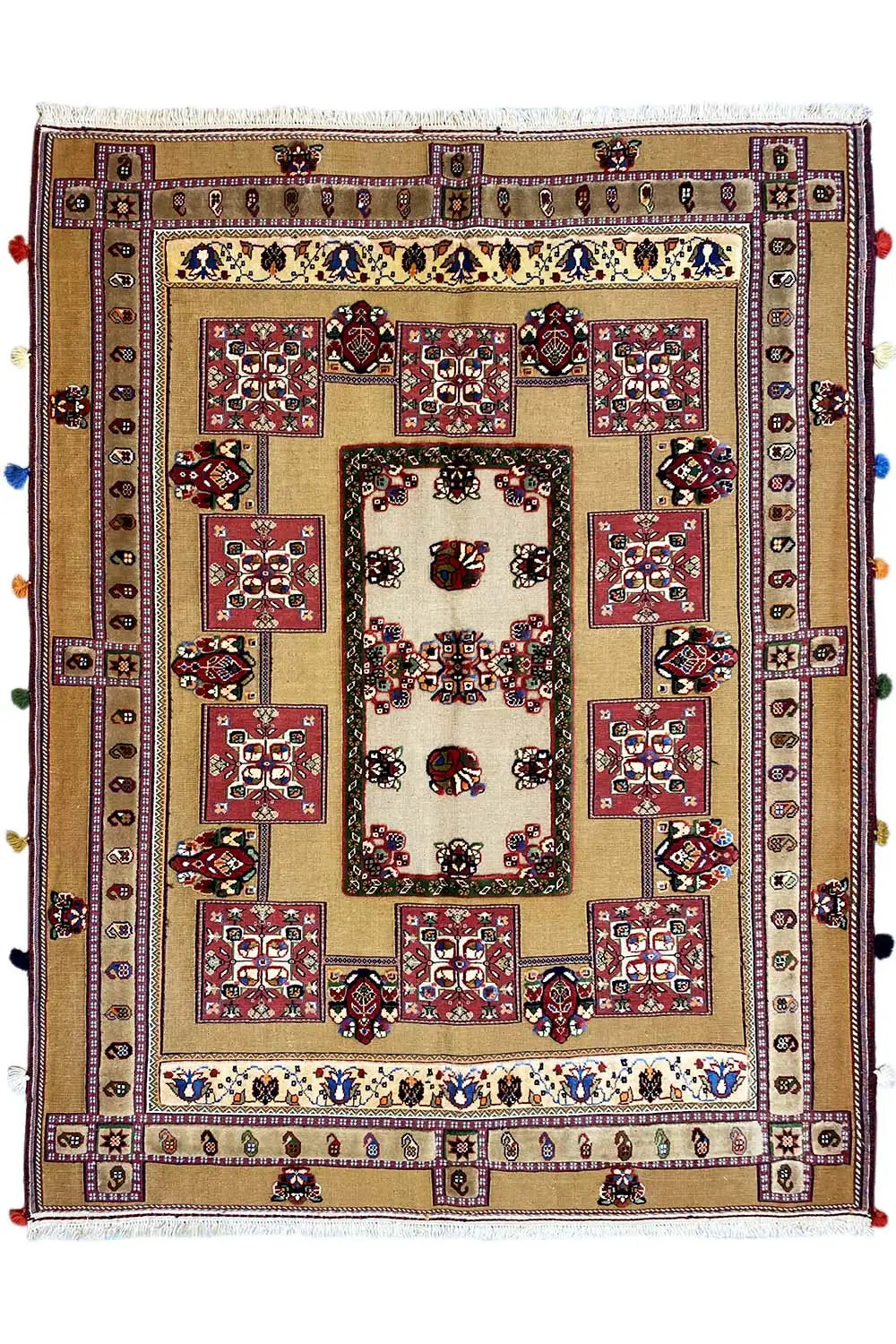 Oriental rug front view: cream-colored field, red central pattern and decorative elements
