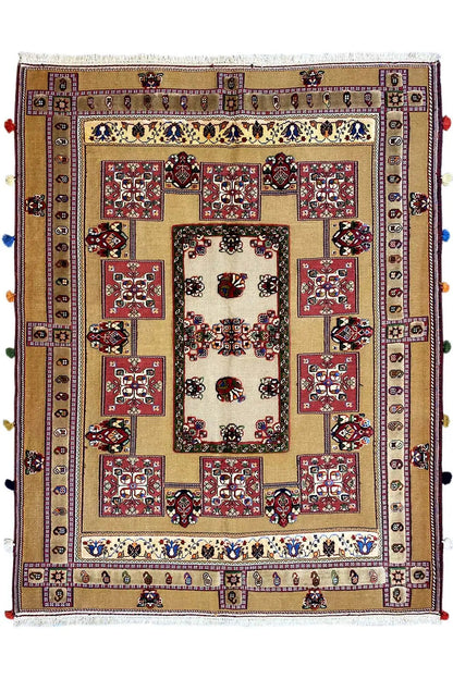 Oriental rug front view: cream-colored field, red central pattern and decorative elements
