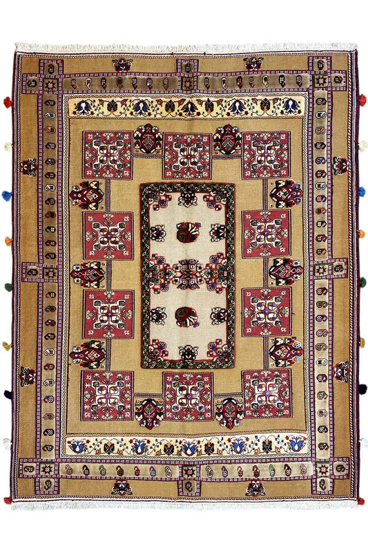 Oriental rug front view: cream-colored field, red central pattern and decorative elements