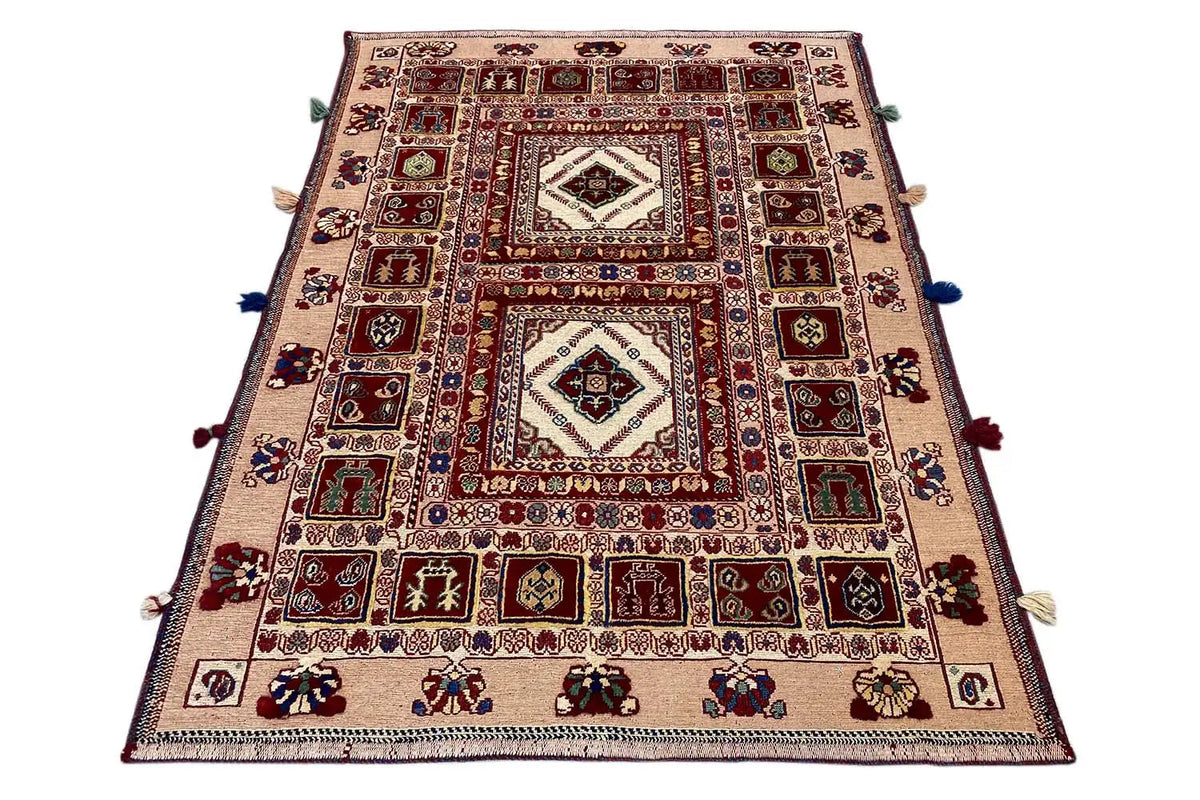 Soumak rug from above: central framed medallion and red ornamental fields