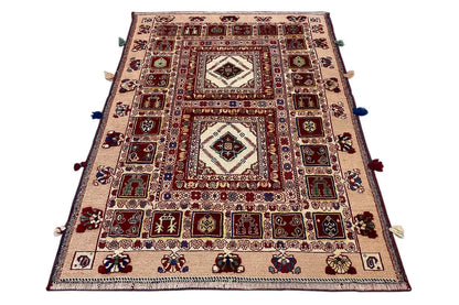 Soumak rug from above: central framed medallion and red ornamental fields