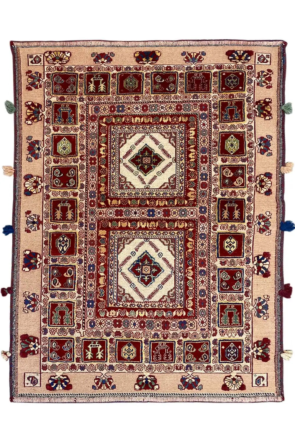 Soumak rug with a red border, central medallion, and multicolored tiles