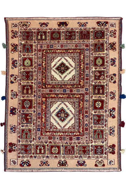Soumak rug with a red border, central medallion, and multicolored tiles