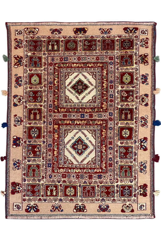 Soumak rug with a red border, central medallion, and multicolored tiles
