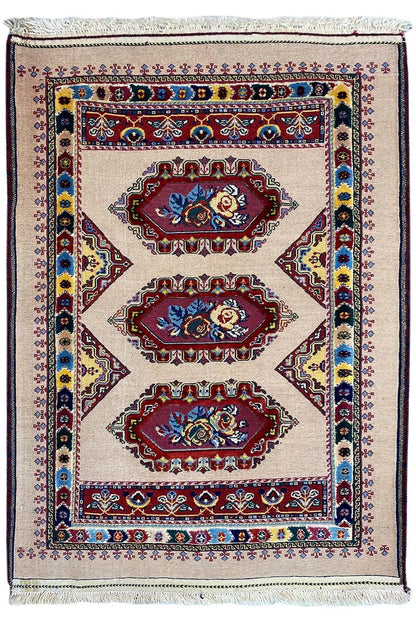Soumak rug (120x81 cm), front view with central medallions and border