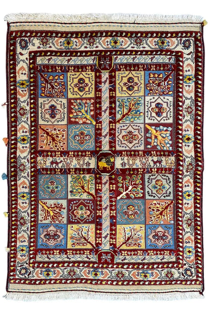 Soumak rug, border pattern in red and blue with medallions, fringes along the edge