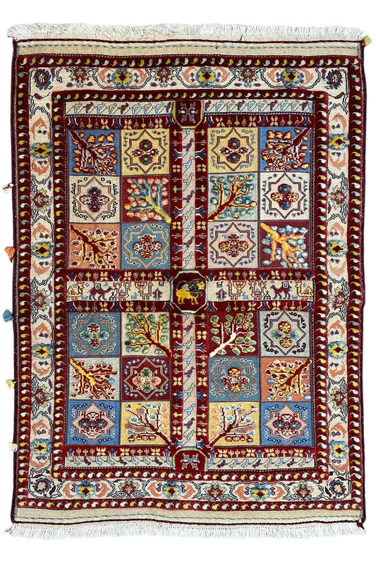 Soumak rug, border pattern in red and blue with medallions, fringes along the edge