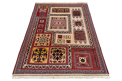Rug 161x119 cm with a red border, central decorative panels, and fringe along the edge.