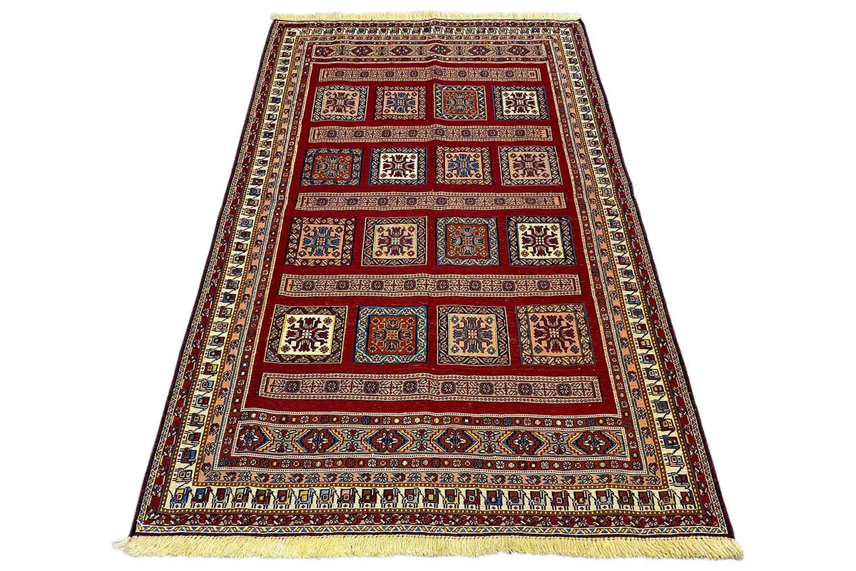 Soumak rug 155x100 cm, decorative strips and tile motifs in the wide border field