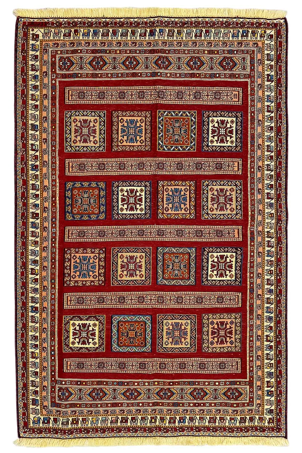 Soumakh rug 155x100 cm, border design with diamond and tile motifs