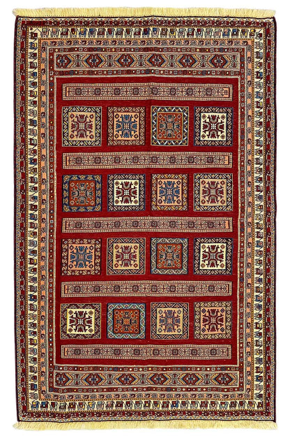 Soumakh rug 155x100 cm, border design with diamond and tile motifs