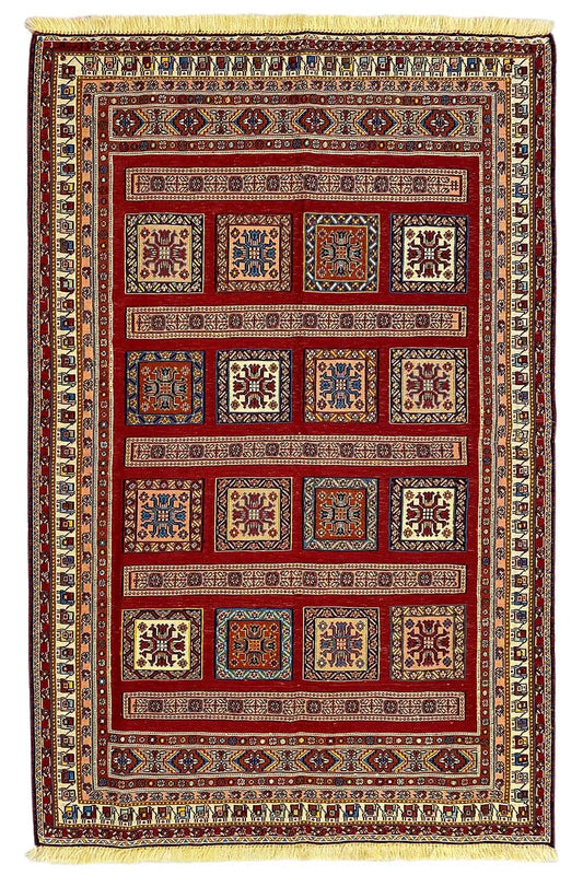 Soumakh rug 155x100 cm, border design with diamond and tile motifs