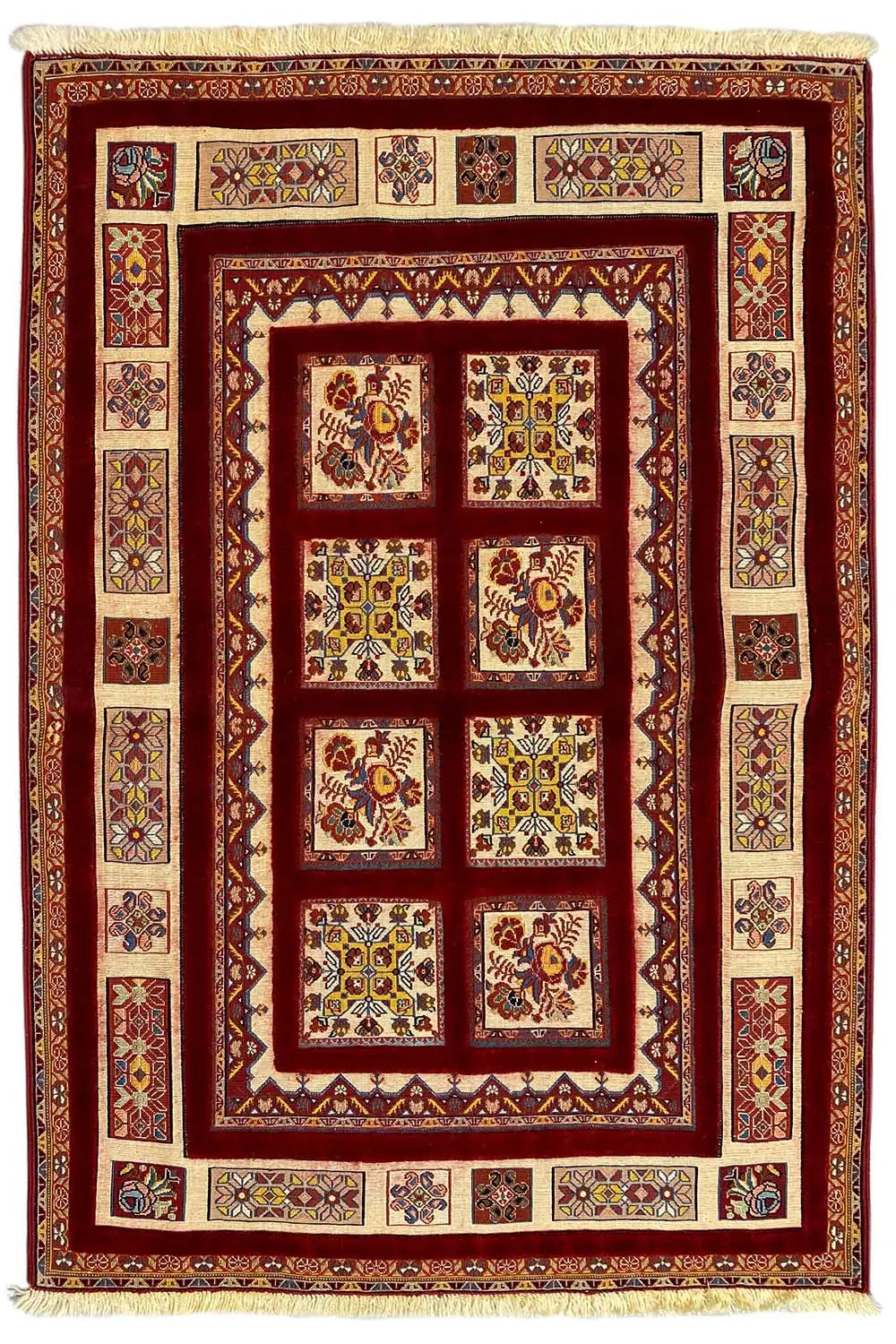 Soumak rug (147 x 103 cm): rectangular rug with a red central field and borders