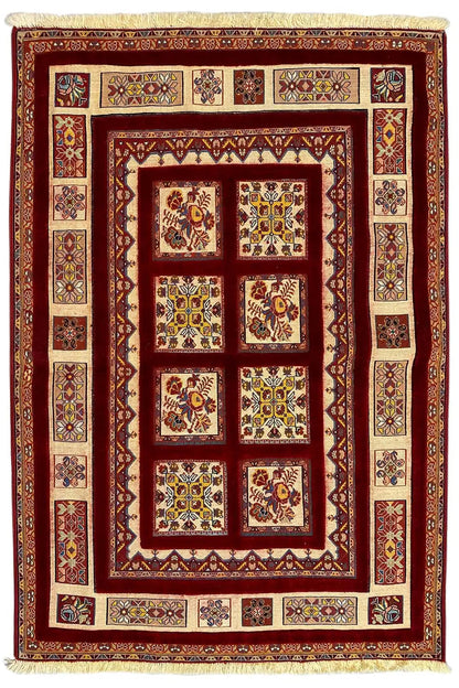 Soumak rug (147 x 103 cm): rectangular rug with a red central field and borders