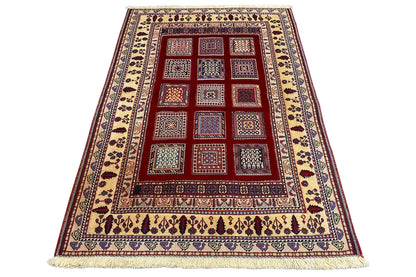 Soumak rug 156x101 cm, wide woven border pattern with red tile design and fringes.
