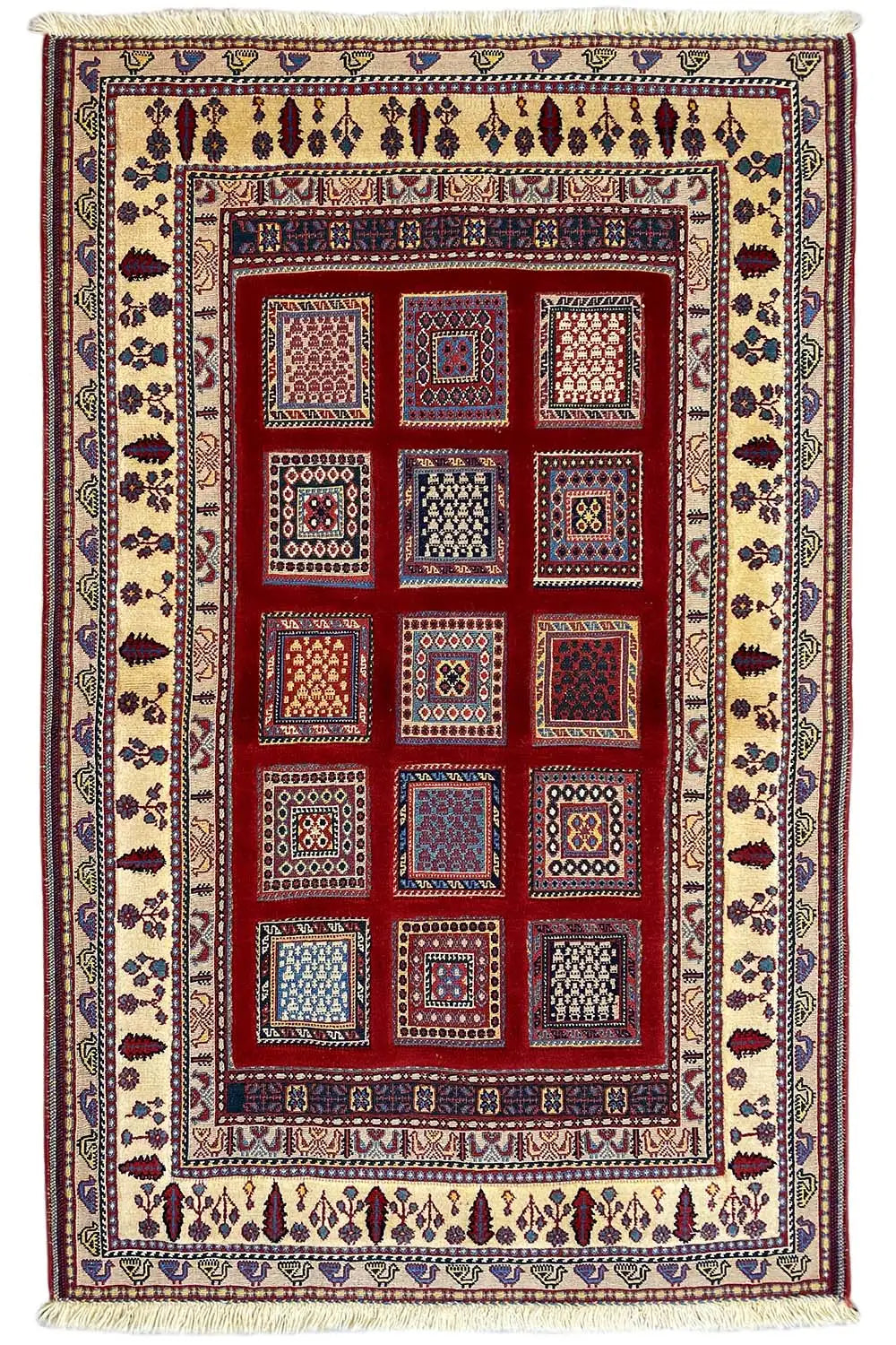 Soumak rug 156x101 cm with a red central field featuring squares, a border, and decorative stripes.