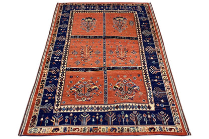 Soumak rug, rectangular, orange central area with blue frame and border, 149x105 cm
