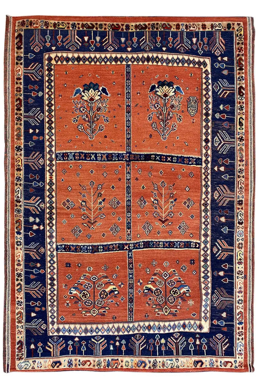 Soumak rug, rectangular, dark blue border and orange fields with four ornamental medallions