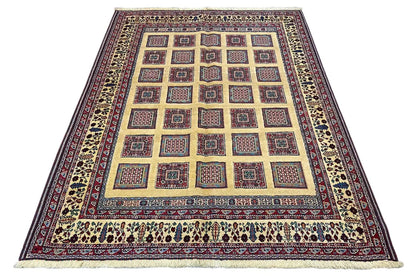Soumak rug 210x150 cm, full view with geometric grid and border fringe