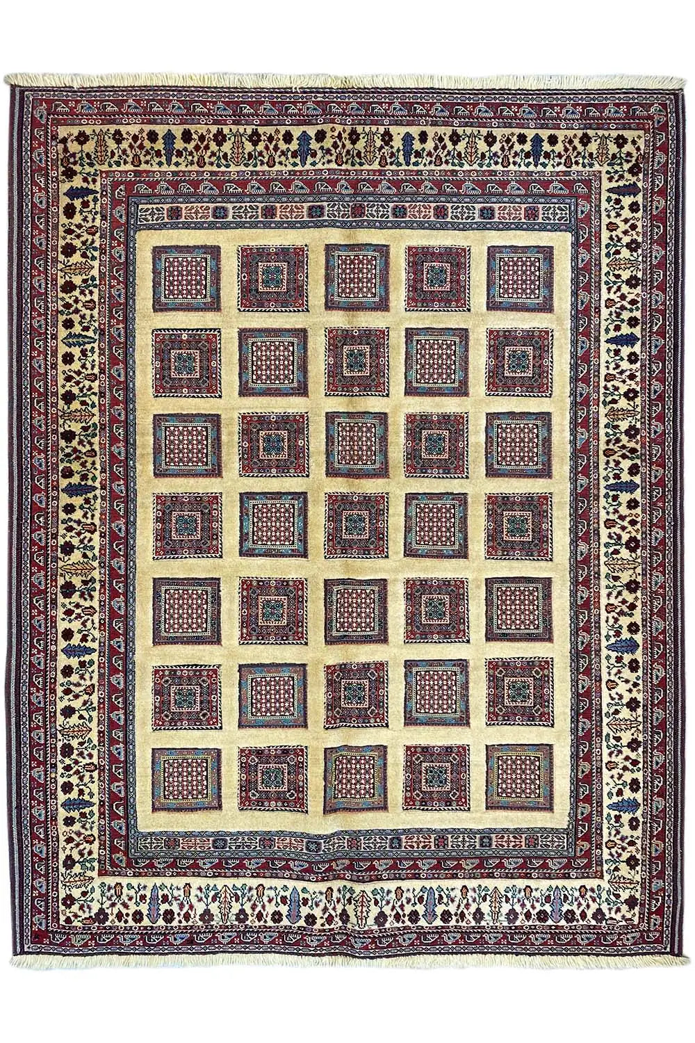 Soumak rug 210x150 cm front view: light medallion with square patterns