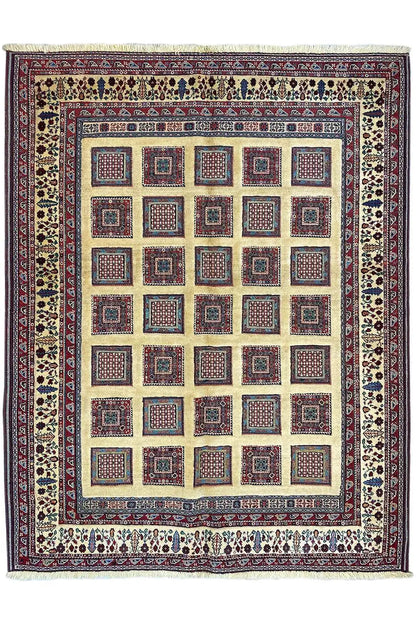 Soumak rug 210x150 cm front view: light medallion with square patterns