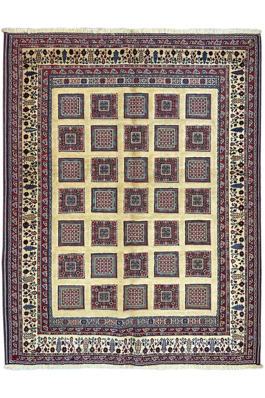 Soumak rug 210x150 cm front view: light medallion with square patterns