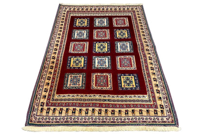 Soumak rug 148x106 cm with central cross motif in blue, red, and fringes