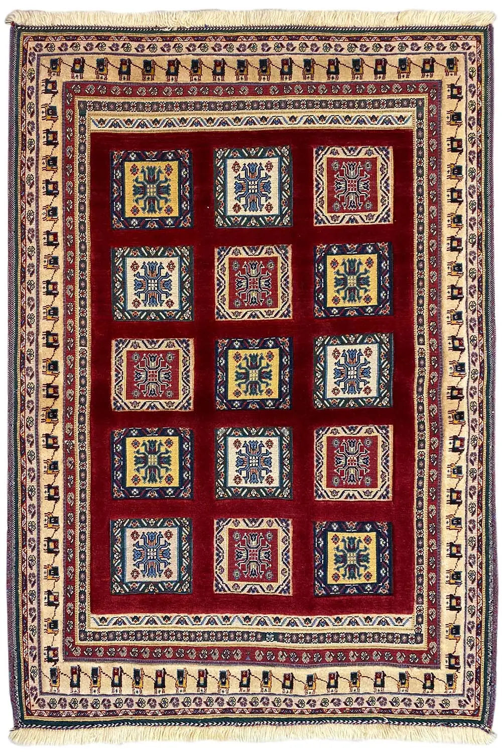 Soumak rug 148x106 cm with a beige background and square tile pattern