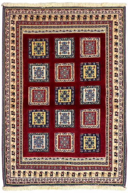 Soumak rug 148x106 cm with a beige background and square tile pattern