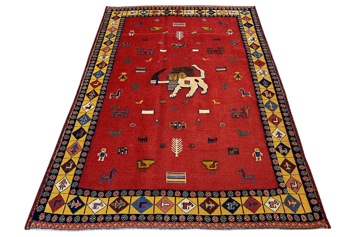 Soumak rug, 193x135 cm, featuring a red central motif and a colorful decorative border