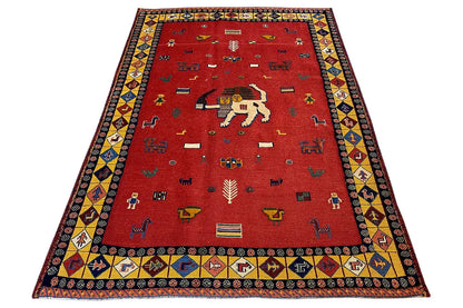 Soumak rug, 193x135 cm, featuring a red central motif and a colorful decorative border
